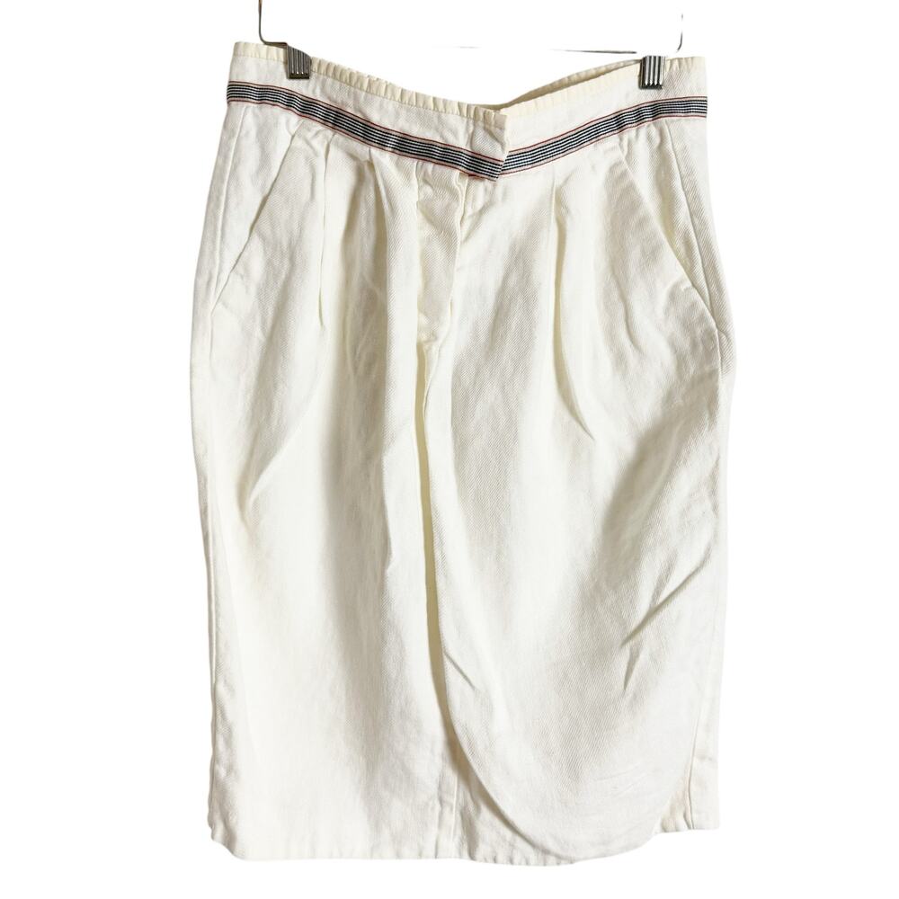 MaxMara White Pleated Linen Stripe Ribbon Trim Knee Length Pencil Skirt Size 6